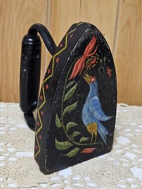 Antique Cast Iron Sad Iron Hand Painted Folk Art Painting Primitive Decor 6.5"